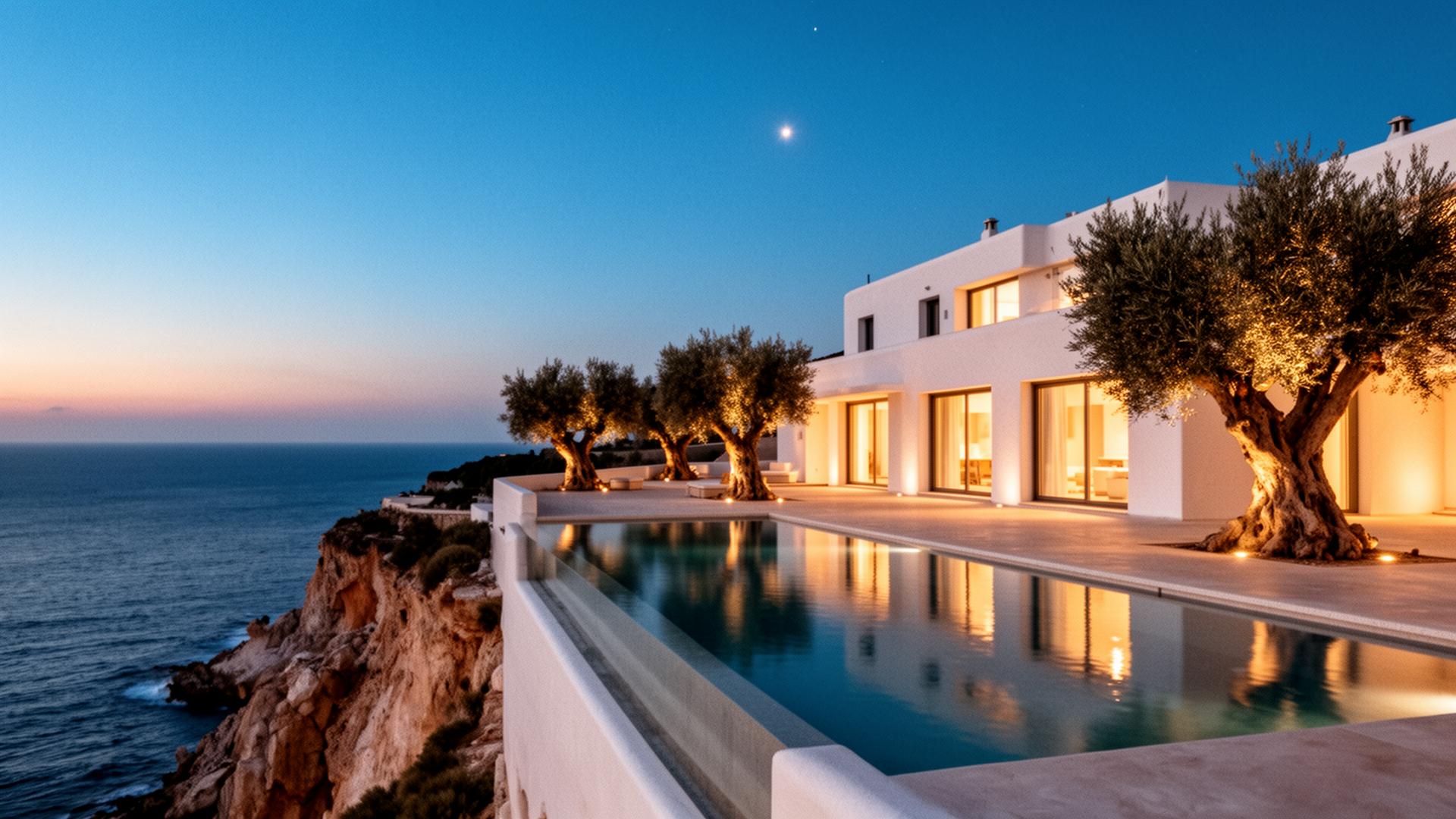 A whitewashed Ibiza villa overlooking the Mediterranean at dusk